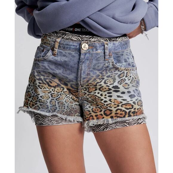 One Teaspoon-NWT-Bandits Mid Waist Relaxed Denim Shorts -Leoparty Sz:23 Ret$140 - Picture 2 of 7
